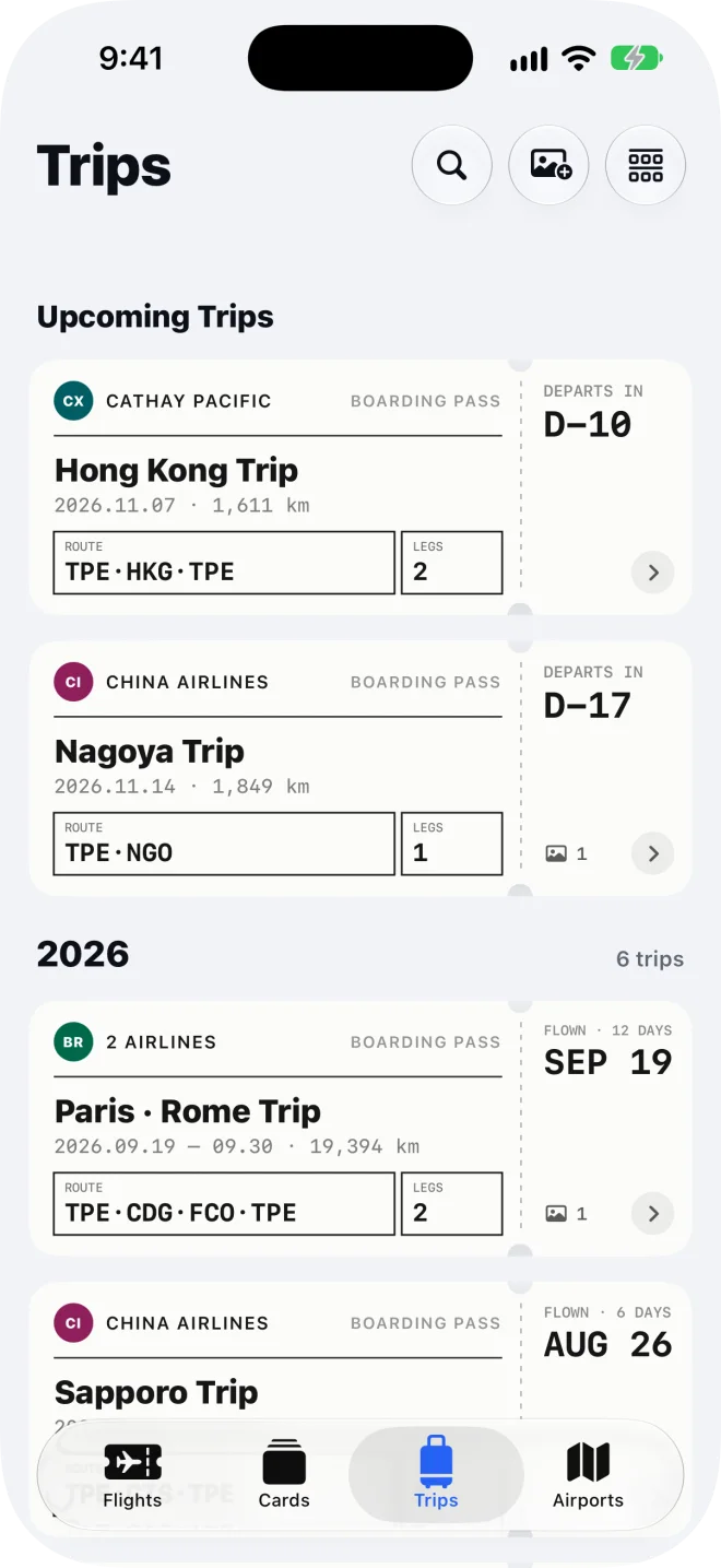 The Trips tab: upcoming and past trips, each one a ticket