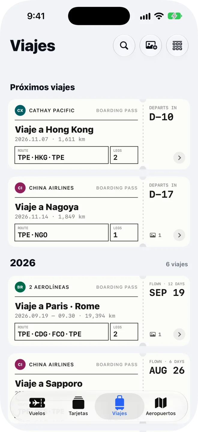La pestaña Viajes: próximos viajes y viajes pasados, cada uno como un billete