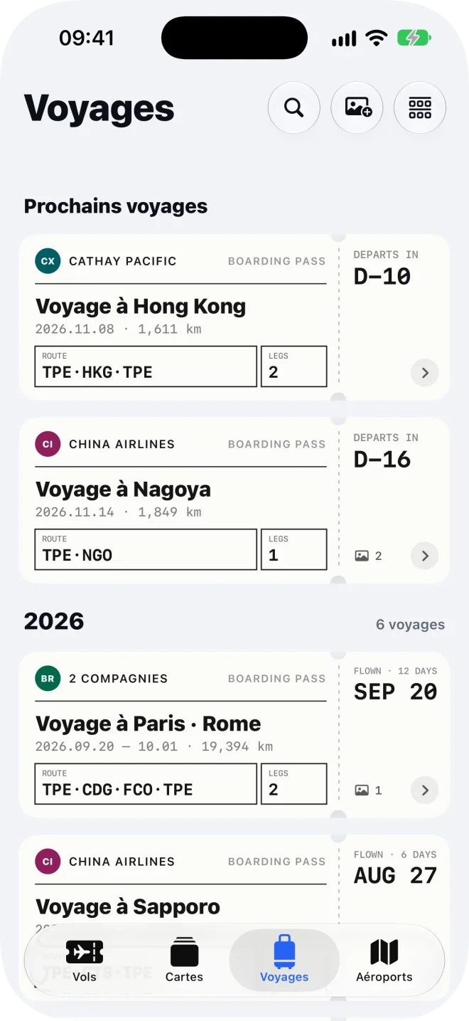 L’onglet Voyages : les voyages à venir et passés, chacun sous forme de billet