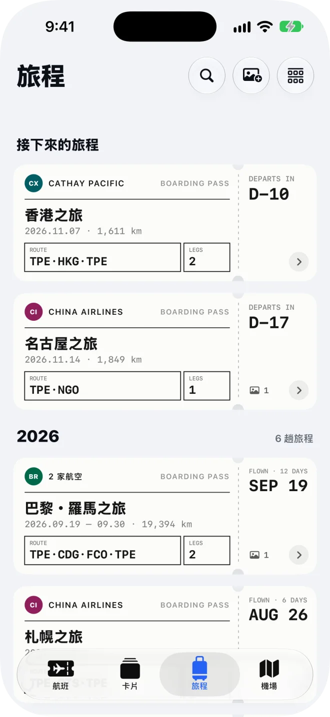 旅程頁：接下來的旅程和飛過的旅程，每趟一張票根